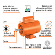 Motor eléctrico monofásico de 1/2 HP, baja velocidad, TRUPER