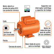 Motor eléctrico monofásico de 1 HP, alta velocidad, TRUPER