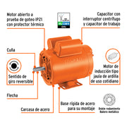 Motor eléctrico monofásico de 1 HP, baja velocidad, TRUPER