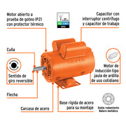 Motor eléctrico monofásico de 3/4 HP, baja velocidad, TRUPER