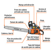 Motosierra 38 cc a gasolina con barra de 18', TRUPER