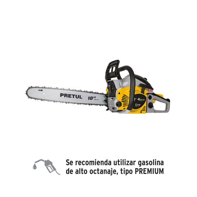 Motosierra 45 cc a gasolina con barra de 18', PRETUL