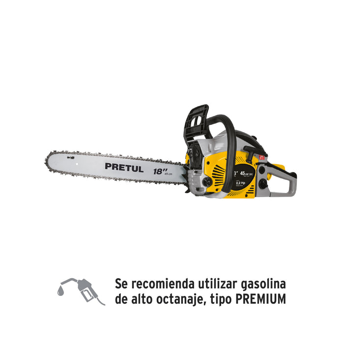 Motosierra de 45 cc a gasolina con barra de 18', PRETUL