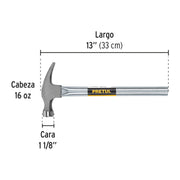 Martillo uña curva 16 oz, mango tubular, PRETUL