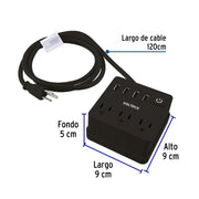 Multicontacto 16 AWG doméstico, 3 entradas 4 ptos USB, negro