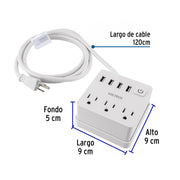 Multicontacto 16 AWG doméstico 3 entradas 4 ptos USB, blanco