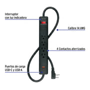 Multicontacto 4 entradas, 1 USB A + 1 USB C, negro, VOLTECK