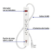 Multicontacto 4 entradas, 1 USB A + 1 USB C, blanco, VOLTECK