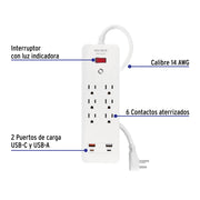 Multicontacto 6 entradas, 2 USB A + 2 USB C, blanco, VOLTECK