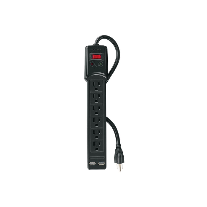 Multicontacto 14 AWG 6 entradas, 2 puertos USB, 850 J, negro