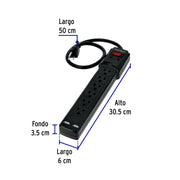 Multicontacto 14 AWG 6 entradas, 2 puertos USB, 850 J, negro
