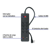 Multicontacto 8 entradas, 2 USB A + 2 USB C, negro, VOLTECK