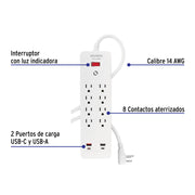Multicontacto 8 entradas, 2 USB A + 2 USB C, blanco, VOLTECK