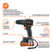 Rotomartillo/destornillador 1/2', 20V, 70Nm, 2 baterías 2Ah