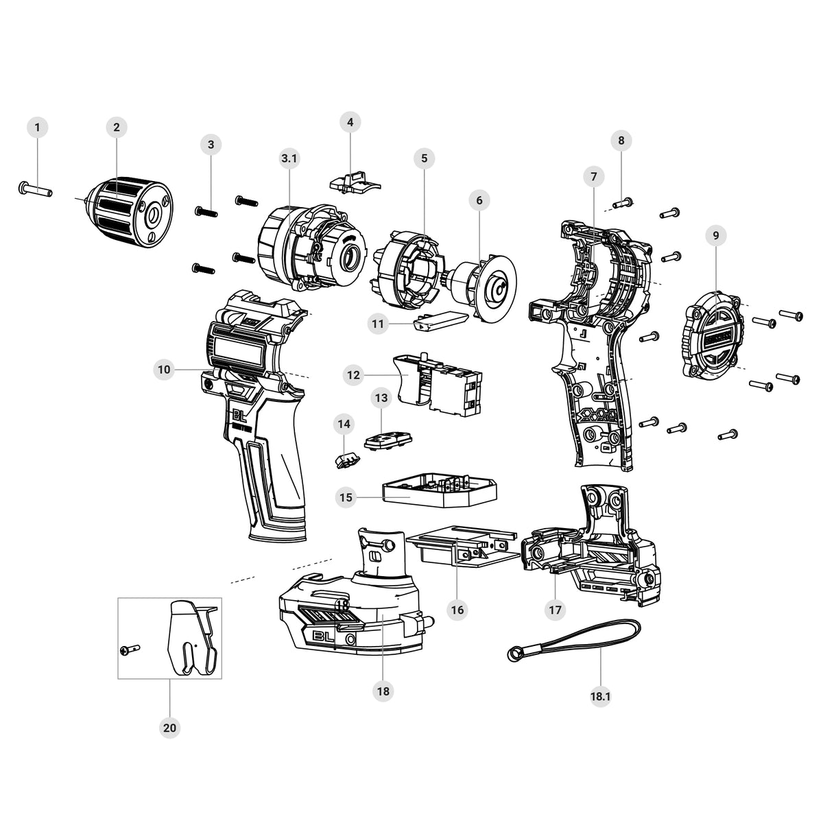 Taladro/destornillador 1/2', 20V, 70Nm, sin accesorios