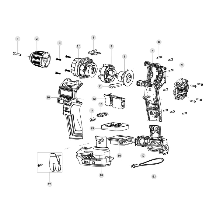 Taladro/destornillador 1/2', 20V, 70Nm, 2 baterías 2Ah