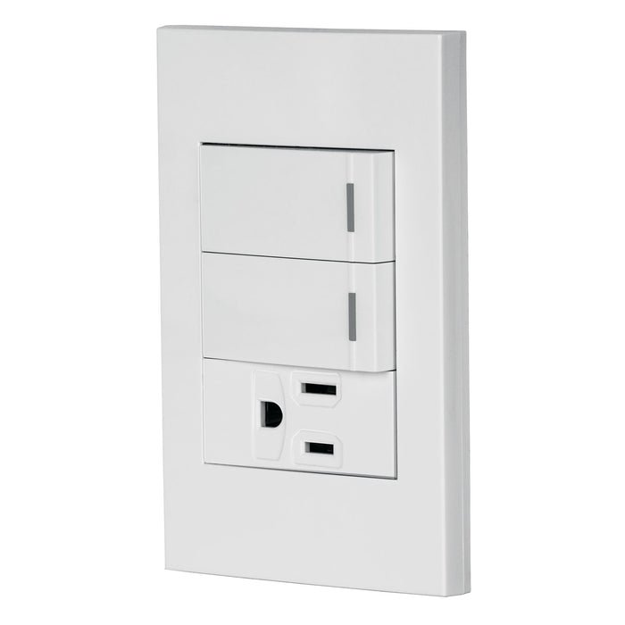 Placa armada 2 interruptores,1 contacto,1mod,Española,blanco