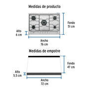 Parrilla gas empotrable 75 cm, 5 quemadores, esmalte, FOSET