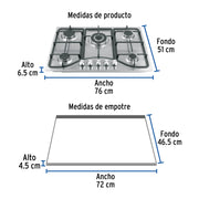 Parrilla gas empotrable 75cm, 5 quem, acero inox, RIVIERA
