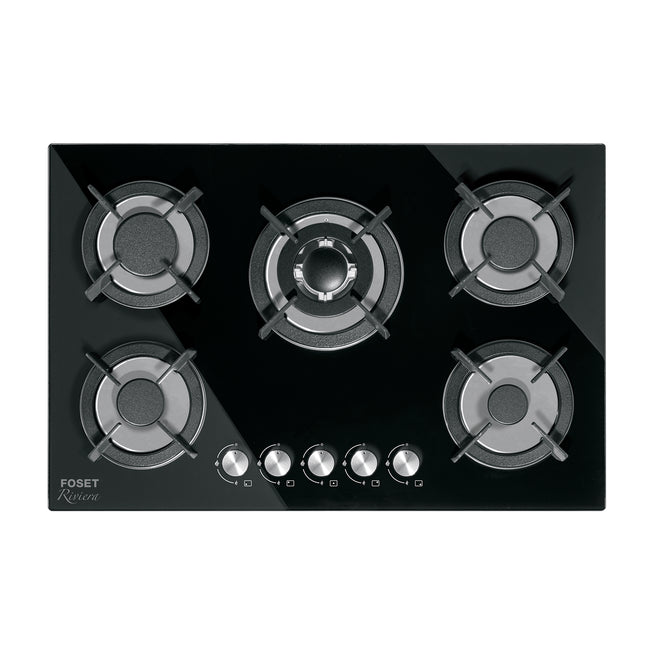 Parrilla gas empotrable 75cm, 5 quem, vidrio negro, RIVIERA