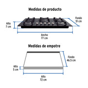 Parrilla gas empotrable 75cm, 5 quem, vidrio negro, RIVIERA