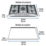Parrilla gas empotrable 90cm, 5 quem, acero inox, RIVIERA