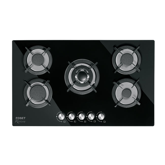 Parrilla gas empotrable 90cm, 5 quem, vidrio negro, RIVIERA