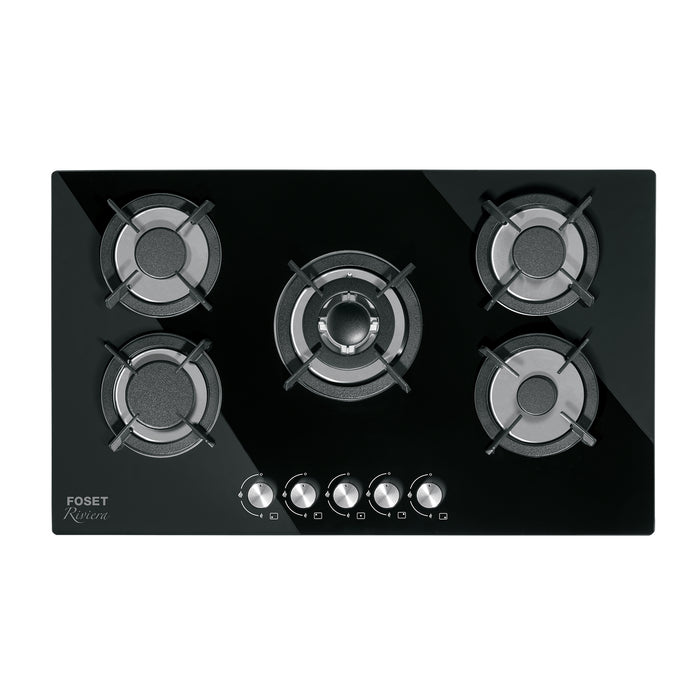 Parrilla gas empotrable 90cm, 5 quem, vidrio negro, RIVIERA