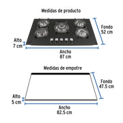 Parrilla gas empotrable 90cm, 5 quem, vidrio negro, RIVIERA