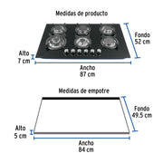 Parrilla gas empotrable 90cm, 6 quem, vidrio negro, RIVIERA