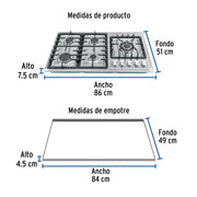 Parrilla gas empotrable 90cm, 5 quem, lateral, inox, RIVIERA