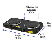 Parrilla eléctrica 2 quemadores de disco, negra, VOLTECK