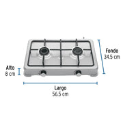Parrilla de gas de sobreponer,2 quemadores, inox, FOSET AERO