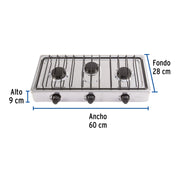 Parrilla de gas de sobreponer 3 quemadores, inox, FOSET