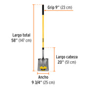 Pala cuadrada Tru Pro, mango largo de fibra de vidrio 48'
