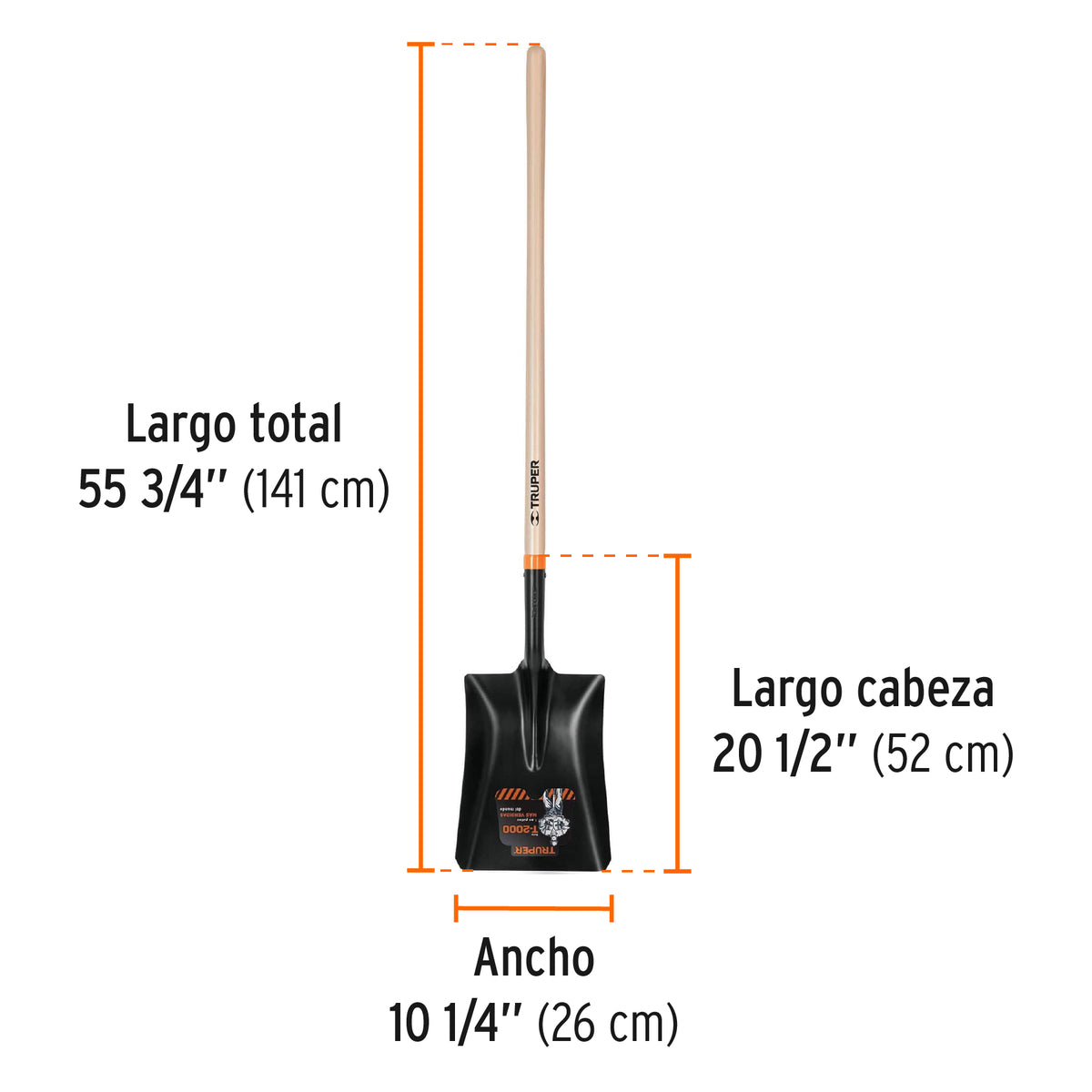 Pala T-2000 cuadrada, tipo español, mango largo 41', TRUPER