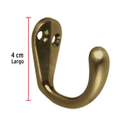 Gancho sencillo tipo perchero, 4 cm, latón antiguo, HERMEX