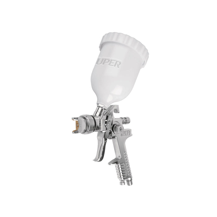 Pistola p/pintar gravedad HVLP vaso plástico, 2 mm, TRUPER