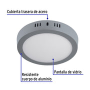 Luminario LED plafón 12W 6500K, redondo, gris, VOLTECK