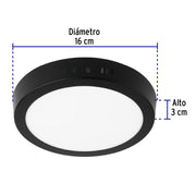Luminario LED plafón 12W 6500K, redondo, negro, VOLTECK
