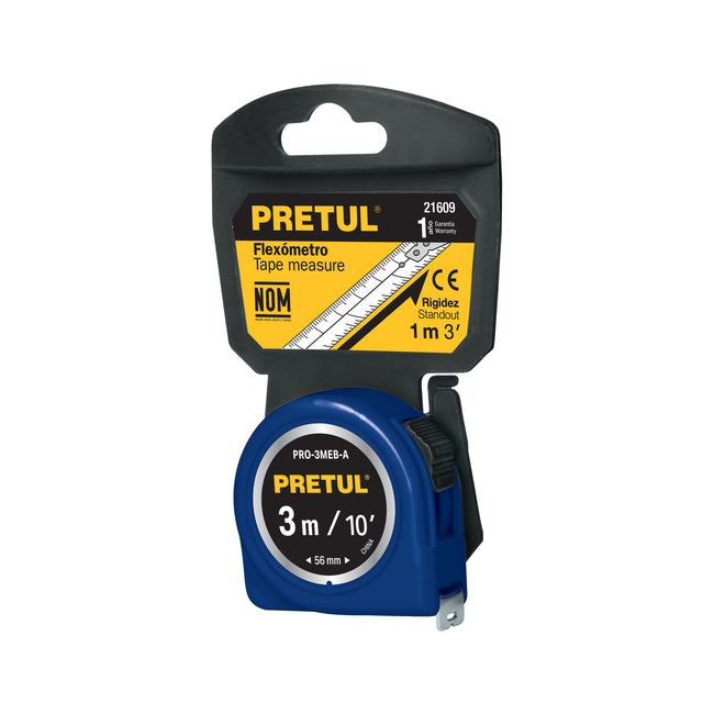 Flexómetro azul 3 m cinta 13 mm, en tarjeta, PRETUL