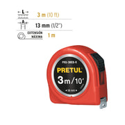 Flexómetro rojo 3 m cinta 13 mm, en tarjeta, PRETUL