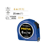 Flexómetro azul 6 m cinta 25 mm, en tarjeta, PRETUL