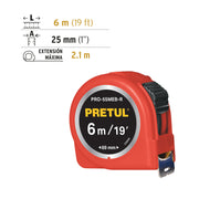 Flexómetro rojo 6 m cinta 25 mm, en tarjeta, PRETUL
