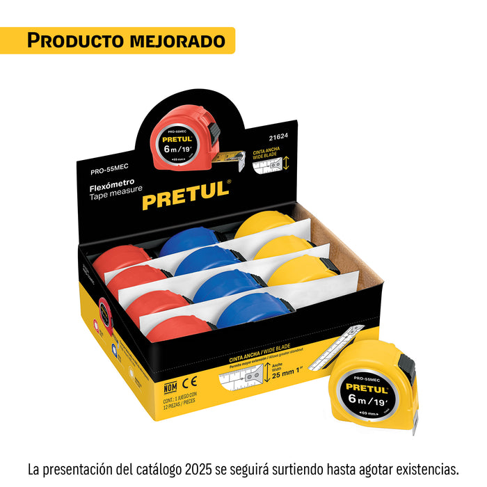 Flexómetro 6 m cinta 25 mm, en display box, PRETUL