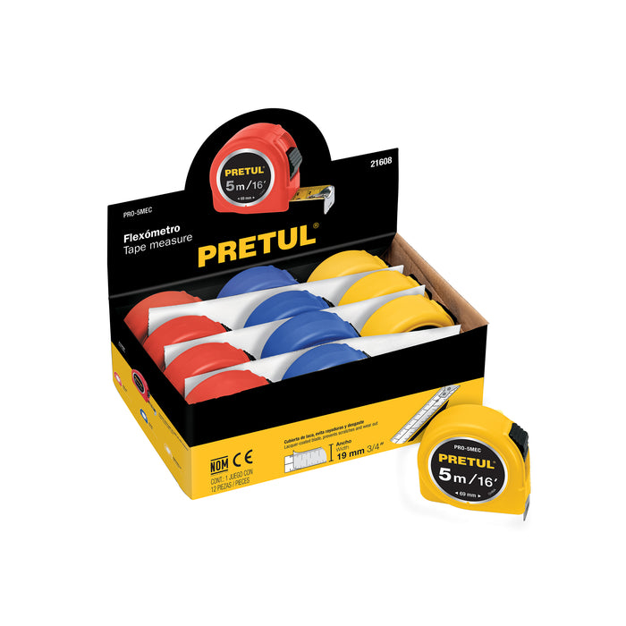 Flexómetro 5 m cinta 19 mm, en display box, PRETUL
