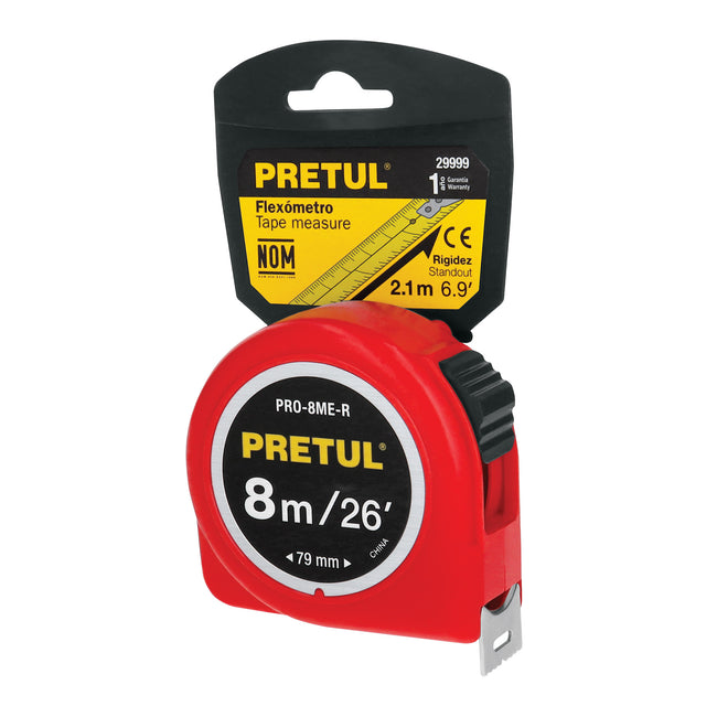 Flexómetro rojo 8 m cinta 25 mm, en tarjeta, PRETUL