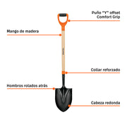 Pala redonda T-2000, puño 'Y', mango 36', TRUPER