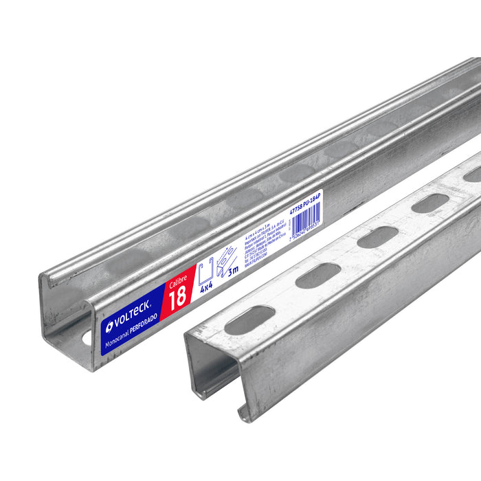 Perfil monocanal perforado de 3 m, 4 x 4 cm cal. 18, VOLTECK