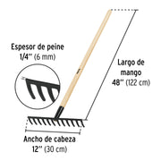 Rastrillo recto de 12 dientes, mango de 48', PRETUL